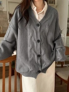 DAZY Women's Solid Color Cable Knit Twist Front Cardigan, Long Sleeve, Suitable For Autumn/Winter - Grey - View 7