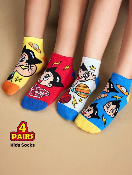 Astro Boy X SHEIN 4 Pairs Cotton Boys Soft & Breathable Moisture-Wicking Kids Mid-Calf Socks Colorful Cute Cartoon Crew Socks Reinforced Toe & Heel For Durability Unisex Girls All Seasons All-Match School & Outdoor Summer Winter