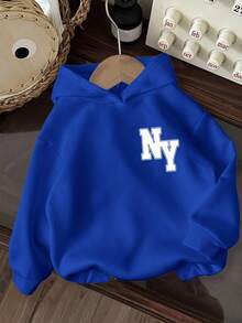 Tween Boy Casual Minimalist NY Cartoon Bear Pattern Loose Fit Long Sleeve Sweatshirt, Suitable For Autumn/Winter Fall - Blue - View 2