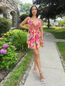 Carolina Barros Vestido de mujer de estilo vacacional corto y ajustado, con patrón tejido floral tropical y detalle de cinta, vestido tropical, vestido de verano - Rosa Fucsia - Ver 6