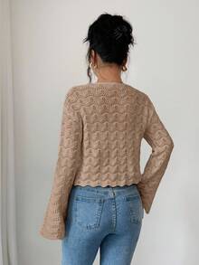 Elenzga Áo khoác len cardigan khoét lỗ thắt nơ phía trước thanh lịch dành cho nữ - Màu Khaki - Xem 2