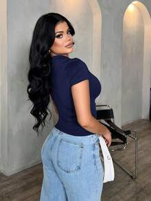 SHEIN SXY Women's Sexy Elegant Minimalist Brown Asymmetric Cold Shoulder Casual Versatile Blouse One Shoulder Top Dark Blue Top One Sleeve Top - Navy Blue - View 2