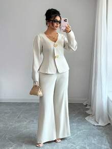 Elenzga Conjunto de 2 piezas de talla grande con chaleco de cuello en V de unicolor y pantalón ancho de manga larga informal, conjunto de pantalones blancos de 2 piezas para mujer, conjunto de pantalones elegante de 2 piezas para mujer, conjunto de pantalones de 2 piezas elegante para mujer, conjunto de 2 piezas blanco para mujer, conjunto de pantalones blancos de 2 piezas para mujer, conjunto de 2 piezas blanco elegante para mujer