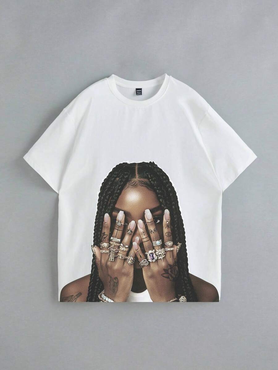 Slaydiva Camiseta de manga corta de cuello redondo holgada con estampado de huellas dactilares y retratos, estilo casual y simple, para mujer - Blanco - Ver 1