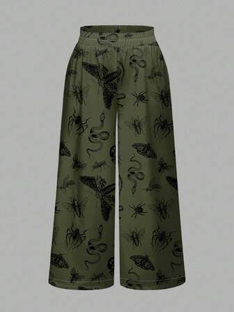 Gothic Style Green Plant, Skull, Snake, Moth, Spider Printed Loose Wide Leg Pants, Plus Size, Dark Horror, Halloween