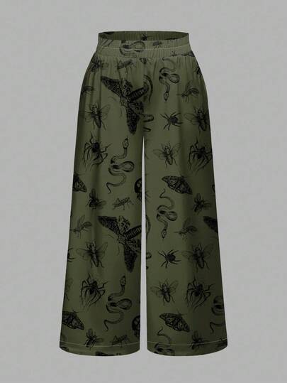 Pantalon ample à jambes larges avec imprimé de plante gothique verte, crâne, serpent, papillon de nuit, araignée. grande taille, style sombre et effrayant, pour Halloween