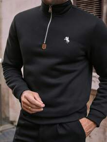 HIMLAND 男士休闲针织半拉链长袖刺绣修身套头衫，适合日常穿着，男士半拉链运动衫，四分之一拉链套头衫，男士四分之一拉链毛衣，立领运动衫，立领套头衫，学院风运动衫，“Old Money”美学套头衫，男士高尔夫套头衫，羊毛四分之一拉链，男士学院风四分之一拉链套头衫，完美的“Old Money”运动衫，打造高级休闲装扮，秋冬 - 黑色 - 查看 6