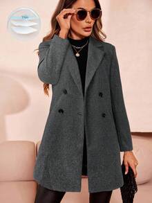 SHEIN Clasi Mantel Wanita Lengan Panjang Kancing Ganda Warna Polos, Musim Gugur/Dingin, Musim Semi - Dark Grey - View 7