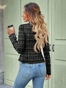 SHEIN LUNE Knitted Plaid Short Jacket Suit Blazer, Suitable For Autumn/Winter,Fall Clothes For Women,Formal Tops For Women,