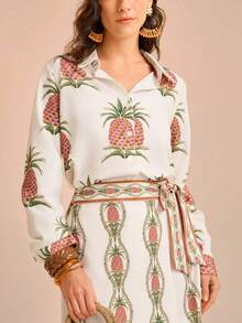 CAJUNI Chemise à manches longues à simple boutonnage avec imprimé ananas, style décontracté pour femmes