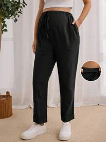SHEIN Pantalones casuales de maternidad de unicolor simple con bolsillos y lazo delantero - Negro - Ver 1