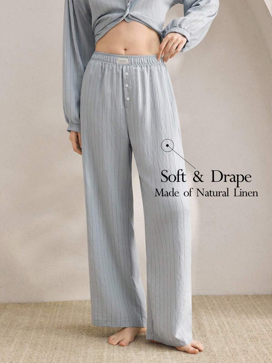 Ocili 女式秋季条纹直筒睡裤 - 藍色 - 查看 1