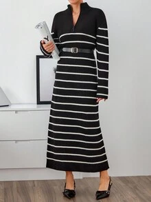 EURMUSE Curve Nautical Stripe, Cozy Half-Zip Knit Dress - Black and White - View 1