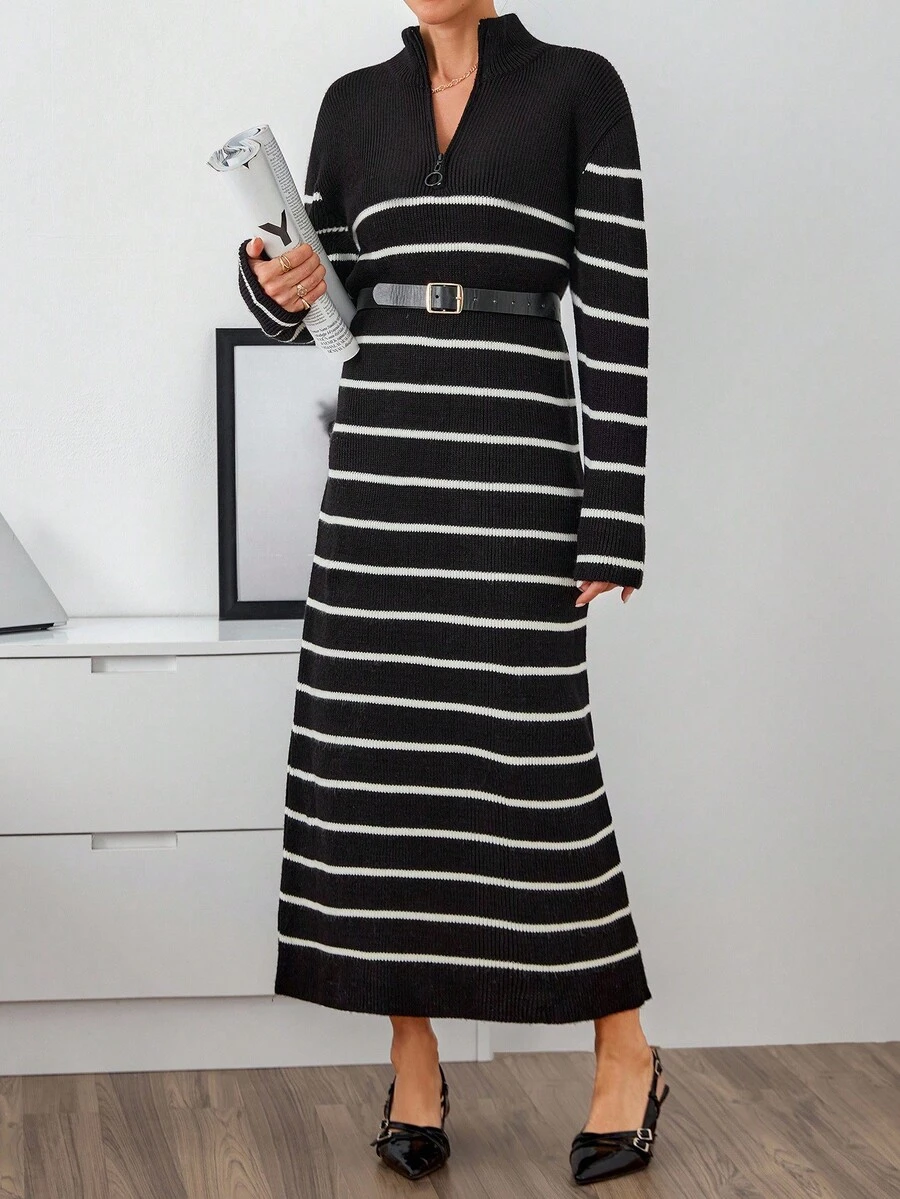 EURMUSE Curve Nautical Stripe, Cozy Half-Zip Knit Dress - Black and White - View 1