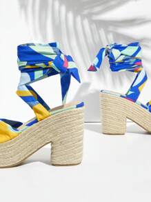 SHUZIA Sandalias de tacón alto de moda para damas con suelas trenzadas y diseño de cinta - Azul - Ver 4