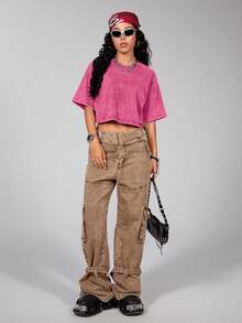 Comfortcana Áo thun tay ngắn cơ bản 100% Cotton đã giặt - Hồng - Xem 14