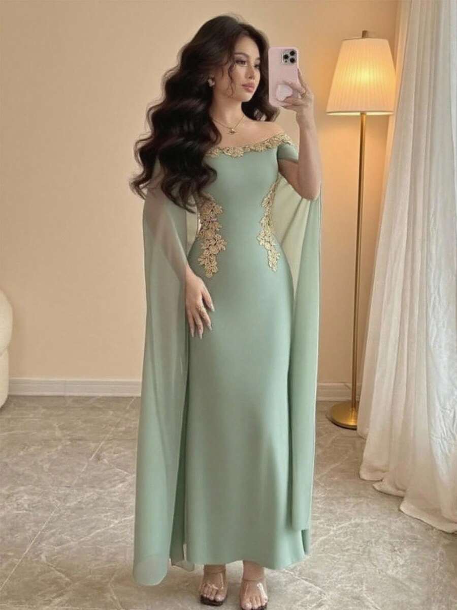 Rafferiza Váy đuôi cá dài trễ vai ôm sát eo, họa tiết hoa vàng thanh lịch, gợi cảm, đa năng, màu đen, trang phục mùa xuân/hè cho trường đại học, vải thu dành cho nữ - xanh xám - Xem 1