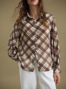 Ontre 2025 新款都市时尚风格，简约舒适雪纺面料格子印花衬衫，长袖宽松女式衬衫上衣，秋季穿着，返校，商务休闲，通勤现代都市休闲时尚商务办公装低调老款风格城市通勤机场 - 棕色 - 查看 4