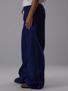 MUSERA Quần jean ống rộng có dây rút, phong cách mùa xuân thập niên 90, Y2K, dễ thương, thanh lịch, thường ngày, đi nghỉ mát, mùa hè, miền Tây, lễ hội, hòa nhạc, tiệc tùng, mùa thu đông, sang trọng. - Màu xanh hải quân - Xem 4