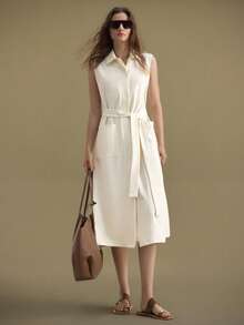 Ontre 休闲纯色系腰无袖连衣裙，2025新款女装，适合秋冬季，所有季节，返校，万圣节，圣诞节，女教师装，休闲外出，婚礼宾客装，优雅教堂/商务休闲装 - 杏色 - 查看 4