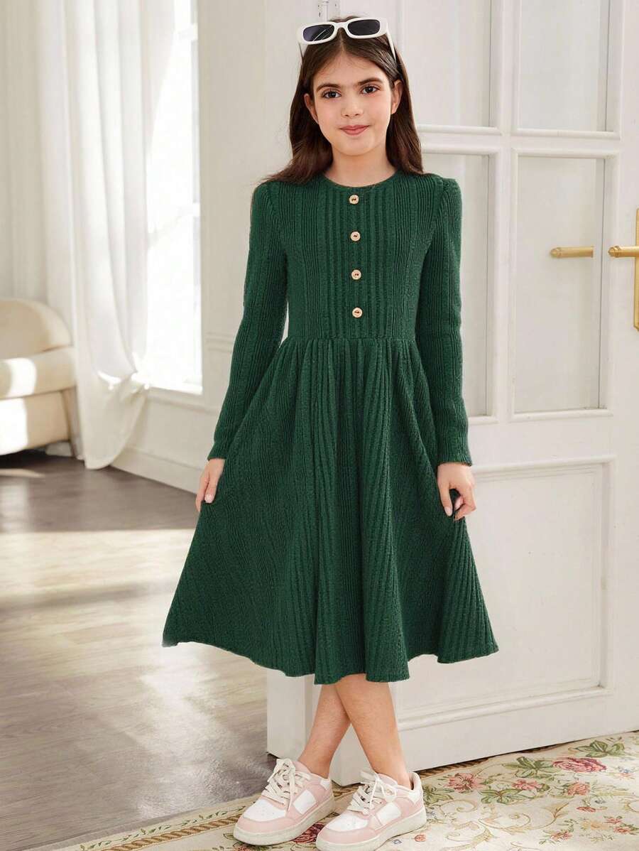 SHEIN Tween Girl Knitted Ribbed Button Detail A-Line Dress