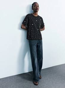 Maija Women's Casual Crew Neck Short Sleeve T-Shirt With Starfish Decor, Summer Studded Top Sparkle Top Going Out Tops Women Office Outfits For Women Basic Tops For Going Out  Going Out Tops Women Going Out Tops Going Out Outfits Tops For Going Out Sequin  Halloween Halloween Clothes Halloween Clothes Women Halloween Clothes Women - Black - View 6