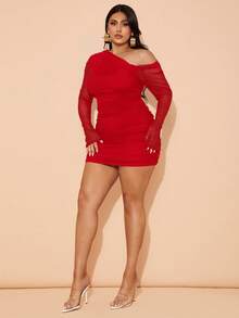 SHEIN BAE Váy ôm sát tay dài lưới xếp nếp hở vai gợi cảm cỡ lớn dành cho nữ, thích hợp mặc hàng ngày, đi chơi, hẹn hò, trà chiều, nghỉ mát, xuân/hè, trở lại trường, đi làm, dự tiệc cưới - Đỏ - Xem 6