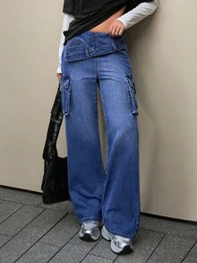 Jeanoix 女士时尚不对称腰部工装牛仔裤 - 藍色 - 查看 1