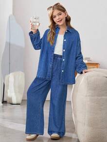 SHEIN 2件套女童蓝色牛仔休闲衬衫和宽松裤子套装 - 中等水洗藍 - 查看 6