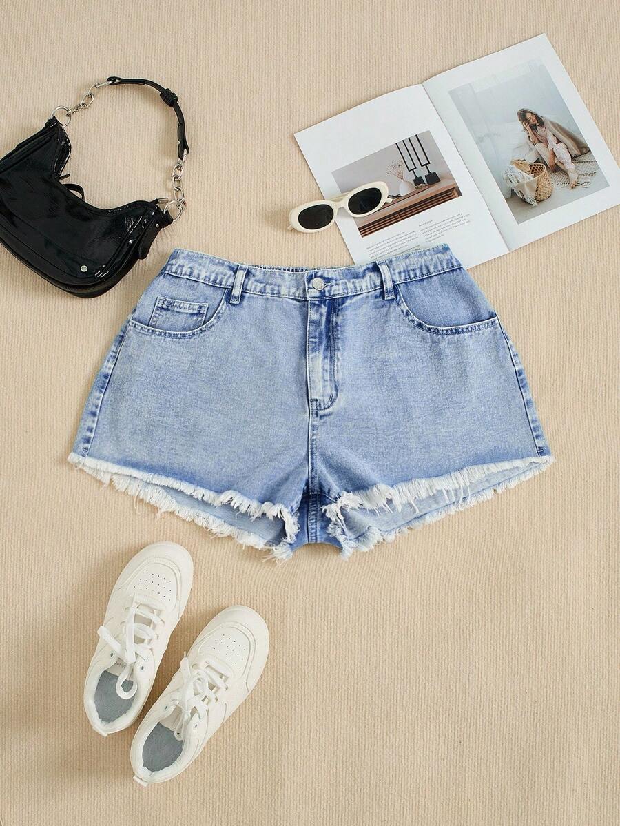 SHEIN ICON 夏季大码女式水洗棉质口袋做旧下摆牛仔短裤