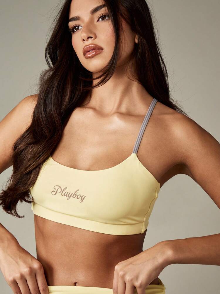 Missguided x Playboy Activewear Yoga Bralette Tank Top With Criss Cross Back Straps Adjustable Support High Impact Strappy Design Fitness Running Crop Top
