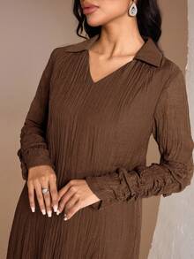 Veilorie Modest Casual Shirt Collar Ruched Sleeve Super Long Dress For Women, Women's Arabic Style Dress Dress Modest Long Sleeve Long Dress Chocolate Brown Dress Brown Elegant Dress Women Brown Long Dress