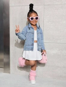 SHEIN Young Girl' Y2K Blue Denim Lapel Long Sleeve Jacket,Fall Kid's  Casual And Comfortable  Wear,Winter Clothes  ,Casual And Fashionable Vacation Outfits - Light Wash - View 2