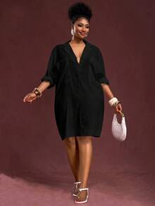 Slaydiva Vestido camisero de unicolor versátil y casual de talla grande - Negro - Ver 7