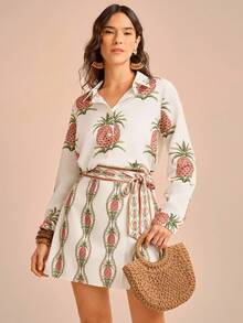 CAJUNI Chemise à manches longues à simple boutonnage avec imprimé ananas, style décontracté pour femmes