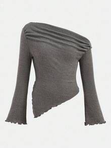 Girlism 少女不对称下摆荷叶边 T 恤和纯黑色喇叭裤两件套服装，休闲简约，秋季服装 - 彩色 - 查看 4