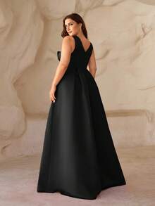 SHEIN Belle Plus Size Deep V-Neck High Slit Asymmetrical Bow Formal Dress, Elegant Evening Gown