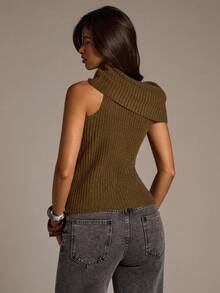 Aloruh Women's Autumn/Winter High Neck Wrap Fitted Ribbed Sweater Vest - Olive Green - View 2