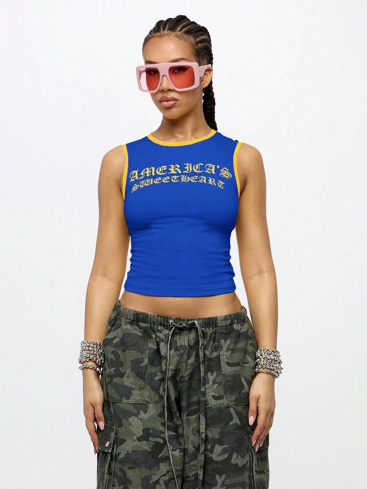SUMWON WOMEN Blue Crop Tank Top With Gold Gothic Text