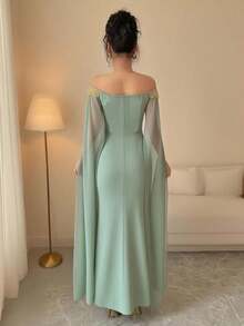 Rafferiza Váy đuôi cá dài trễ vai ôm sát eo, họa tiết hoa vàng thanh lịch, gợi cảm, đa năng, màu đen, trang phục mùa xuân/hè cho trường đại học, vải thu dành cho nữ - xanh xám - Xem 2