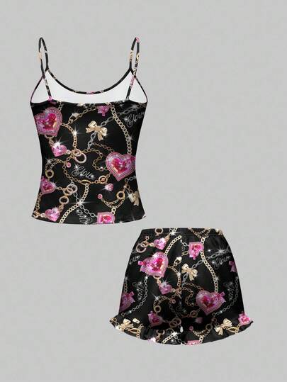 J-Fashion Ensemble pyjama camisole et short avec imprimé cœur rose + chaîne de diamants + texte strass sur tout le vêtement, vêtement de nuit décontracté
