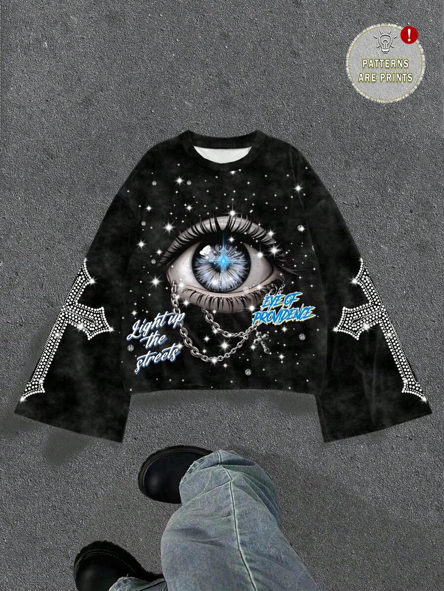 Manfinity Roghcode Camiseta corta de manga acampanada con estampado de estrella de strass, cruz, ojo, estilo callejero - Negro - Ver 1