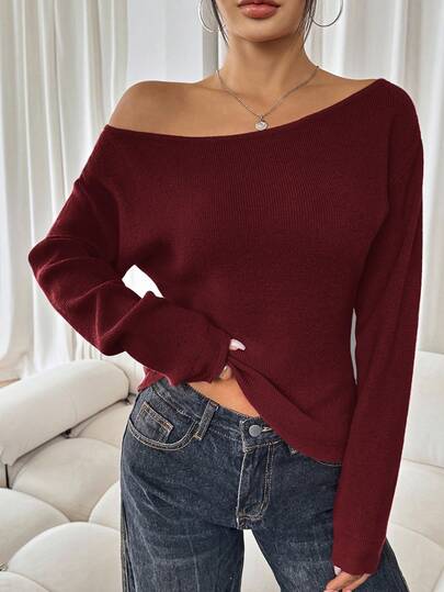 SHEIN SXY Women's Solid Asymmetrical Neckline Casual Long Sleeve Red Sweater Casual Party Elegant Home Sexy Autumn Winter Leisure Christmas Halloween New Year Asymmetrical Top Burgundy Top Off Shoulder Sweater,Fall,Christmas Sweater