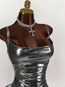 Amplova Women's Cowl Neck Silver Bodycon Mini Dress With Hip Package Design,Summer DressesSpring Clothes - Silver - View 5