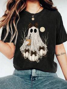 EMERY ROSE 大码女式蝴蝶结幽灵南瓜图案 T 恤，黑色 T 恤秋季氛围可爱时尚休闲 T 恤圆领短袖上衣 - 黑色 - 查看 1
