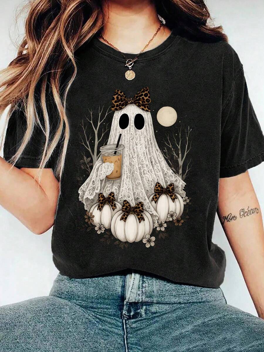 EMERY ROSE 大码女式蝴蝶结幽灵南瓜图案 T 恤，黑色 T 恤秋季氛围可爱时尚休闲 T 恤圆领短袖上衣 - 黑色 - 查看 1