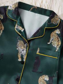 Miss Women 休闲动物印花柔软法兰绒长袖开衫和裤子两件套睡衣套装，秋季服装