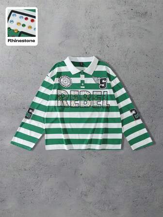 Street Life Men's Sparkling Diamond Striped Loose Fit Long Sleeve Polo Shirt, Fall