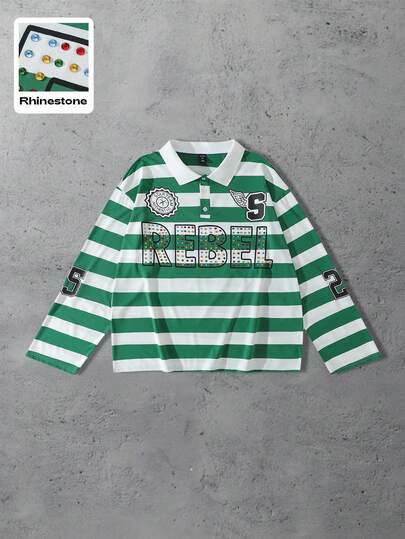 Street Life Camicia polo a maniche lunghe con strisce e brillantini, vestibilità ampia, per uomo