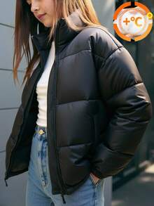 Teen Girl Casual Thickened Padded Coat,Black Winter Streetwear,Resin Zipper,Black Buttons,Simple Fabric,Oblique Pockets,Suitable For Commuting,Travel - Black - View 7
